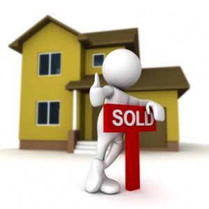 Three dimensional render of a cartoon human figure, standing over a SOLD sign, with a home in the background.